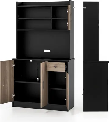 A black and wood-grain colored buffet cabinet with doors and shelves.