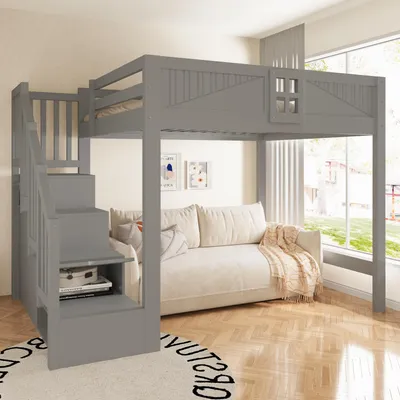 Produktbild von Flieks Etagenbett 140x200cm mit Stauraumtreppe, Hochbett Jugendbett mit Schrank und Schubladen, Kinderbett Doppelbett mit Rausfallschutz, Grau
