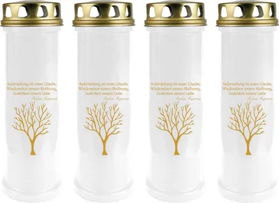 Produktbild von Grabkerze Weiß 4er Pack ( Druck Gold ), 100 Stunden/Kerze, Motiv: Baum