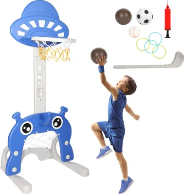 Obrázok produktu pre Aopunly 4 v 1 výškovo nastaviteľná basketbalová obruč, futbalová bránka, golfová a hádzacia hra pre deti v interiéri a exteriéri