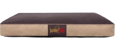 A dog bed with a brown top and tan sides, featuring a brand logo in the center.