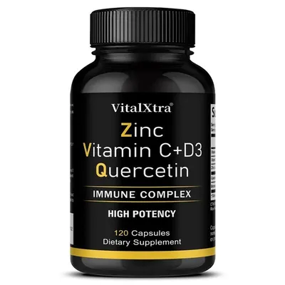 Produktbild von Zinc, Quercetin + Vitamin C+D3 (120 Kapseln) Nahrungsergänzungsmittel, Immunsystem, Knochengesundheit, Gelenkgesundheit, Muskelgesundheit
