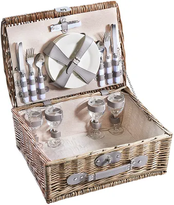 Produktbild von Kobolo Picknickkorb Picknickkoffer - Zubehör für 4 Personen - Weide grau 43x33x18 cm - Korb mit Geschirr Besteck Weidenkorb Henkel Griff Aufbewahrung