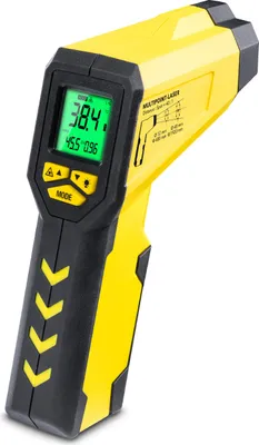 A yellow and black infrared thermometer with a green digital display.