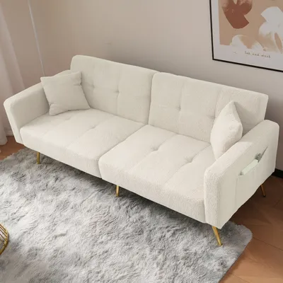 Produktbild von okwish Klappbares Schlafsofa Daybett mit Schlaffunktion,Gästebett Couch Sofa Bettsofa mit Großer Liegefläche, Polstersofa mit Kissen und seitlichen Aufbewahrungstaschen,Weiß