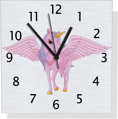 Produktbild von Wallario Design Wanduhr Rosa Einhorn mit großen Flügeln aus Aluverbund, Größe 30 x 30 cm