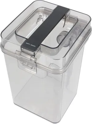 A clear plastic container with a black handle and a label that says "DIRTY WATER".