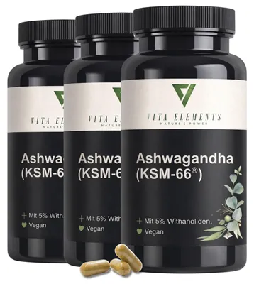 Produktbild von Vita Elements -Ashwagandha 3er Set 180 Kapseln Withanolide -Qualität Nahrungsergänzungsmittel