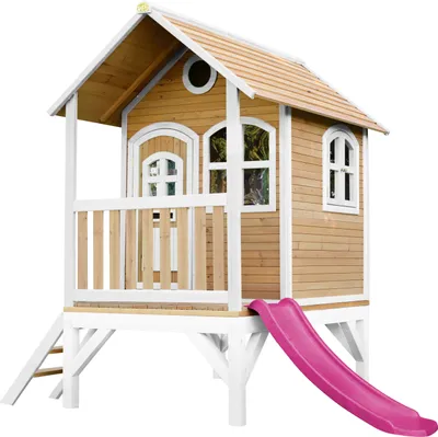 Produktbild von AXI Spielhaus Tom mit lila Rutsche | Stelzenhaus in Braun & Weiß aus Holz für Kinder | Spielturm für den Garten
