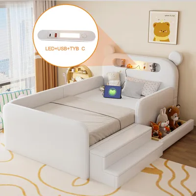Produktbild von Flieks Kinderbett 90x200cm mit Nachtlicht, Polsterbett mit USB und Schublade, Kinder Schlafsofa Tagesbett mit Treppe, Einzelbett PU, Weiß