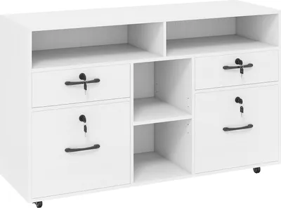 A white filing cabinet with drawers and shelves.