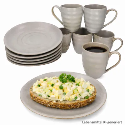Produktbild von CLAY GRAU 12tlg Frühstücksset Steingut 6 Personen Teller klein Becher