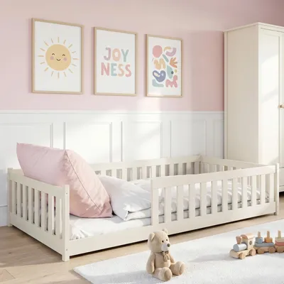 Produktbild von Kinderbett Bodenbett 120x200 cm mit Rausfallschutz, Matratze & Lattenrost Montessori Bett Bed Gitterbett Kinder Jugendbett Einzelbett | Baumwolle