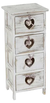 Produktbild von Kommode Forli, Schubladenkommode, 4 Schubladen mit Herzen 70x29x25cm, Shabby-Look, Vintage - weiß