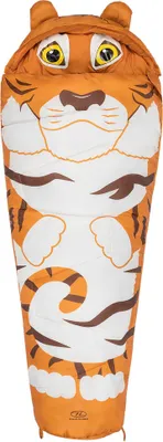 A sleeping bag designed to look like a tiger, shown upright against a white background.
