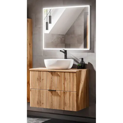 Produktbild von Badezimmermöbel Set Wotaneiche Rillenoptik ADELAIDE-56 LED-Spiegel & Waschtisch mit Keramikbecken, B/H/T 83/200/46,5 cm
