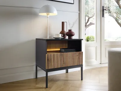 Image de Table de chevet RHOME - chêne wotan / graphite noir + éclairage LED OFFERT