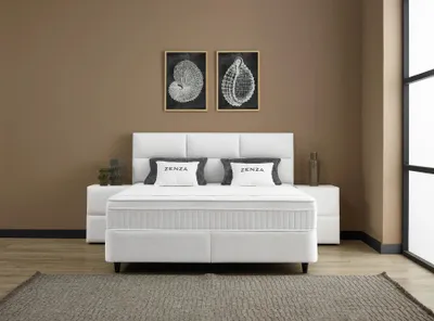 Produktbild von Boxspringbett Zenza 180 x 200 cm mit 2 Nachtkonsolen Cremeweiß Voll-orthopädisches Komfortbett mit Bettkasten, inkl. Lieferung und Montage