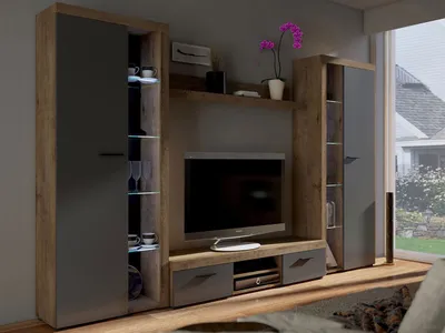 Produktbild von Moderná obývacia stena / sada nábytku do obývacej izby RUMBA / RODOS XL Dub Lefkas / Grafit s osvetlením RGB LED