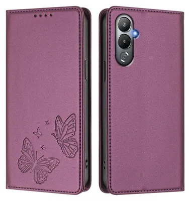Produktbild von Lederhülle für Tecno Pova 4, Schmetterling Prägung Leder Brieftasche Schutzhülle mit Ständer Lila