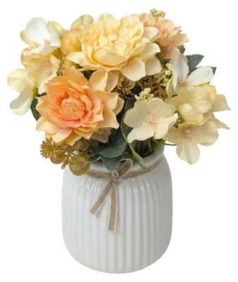 Produktbild von Künstliche Pfingstrosen im Keramiktopf, Kunstblumen Arrangement wie echt, dekorative Seidenblumen Trockenblumen Tischdeko Gelb