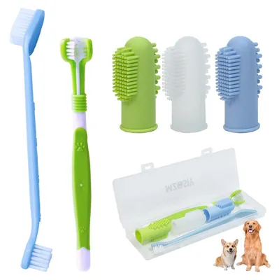 Produktbild von Hund Zahnbürsten Set 5 Stück Dreiseitig mit langem Griff für kleine, mittlere und große Haustiere Katze Blau Transparent