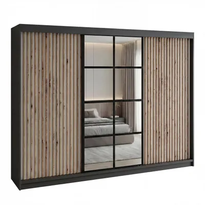Produktbild von Schwebetürenschrank, 3-türig Schrank mit 4 Schubladen, und 3D-Lamellen. Kleiderschrank NORIVO 200 cm