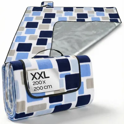 Produktbild von DETEX® Picknickdecke Campingdecke XXL 200x200 cm Wasserdicht Wärmeisoliert Waschbar Fleece Faltbar für 4-6 Personen Garten Stranddecke Quadrate-Blau