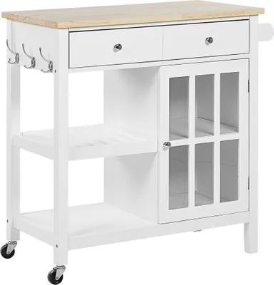 Produktbild von BELIANI Servierwagen Weiß Gummibaumholz MDF mit Glasscheibe aus Temperglas mit Seitengriffen Landhausstil Modern Elegant Multifunktional Wonzimmer