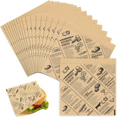 Image de 100 feuilles de papier à hamburger, 15 x 15 cm, idéales pour emballer des hamburgers, des frites, des pâtisseries, des sandwichs et du fromage.