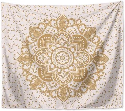 Produktbild von Unyqoos® Mandala-Wandbehang aus 100% Polyester – dekoratives Wandtuch in Weiß & Gold, ideal für Wohnzimmer und Schlafzimmer