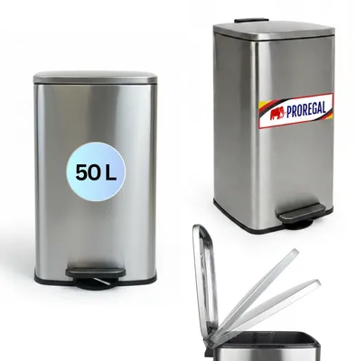 Produktbild von Mülleimer Küche Bad | 50 Liter | mit Softclose & Stay-Open Deckel, Fußpedal & Inneneimer | Stahl | HxBxT 67,5x41,5x49cm | Silber | Abfalleimer, rechteckiger Treteimer, Inneneimer, Tretmülleimer