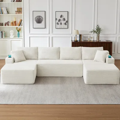 Produktbild von U-förmiges Modulsofa ohne Gestell, 3-teiliges Cord Sofa mit tiefer Sitzfläche, Memory Foam Bodenliege, frei anordenbar, ohne Montage