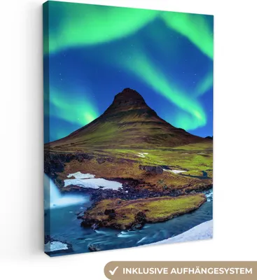 Produktbild von MuchoWow® - Leinwandbilder - Nordlicht - Sternenhimmel - Island - Berg - Grün - Wasserfall - See, Wandbild, Wanddeko Bilder Wohnzimmer, 30x40 cm