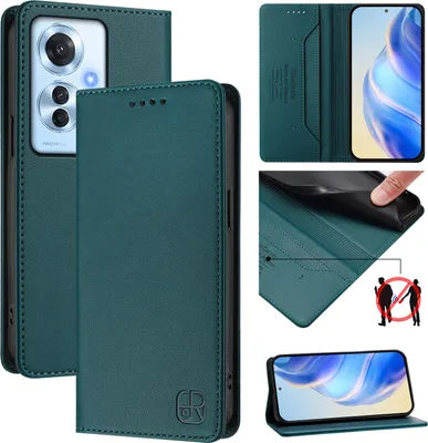 Image de Etui en cuir pour Oppo Reno11 F, étui à rabat avec fentes pour cartes, portefeuille et support Vert foncé