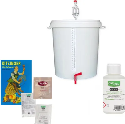 A collection of items for making wine at home, including a large fermentation bucket, yeast packets, a book, and a bottle of liquid.