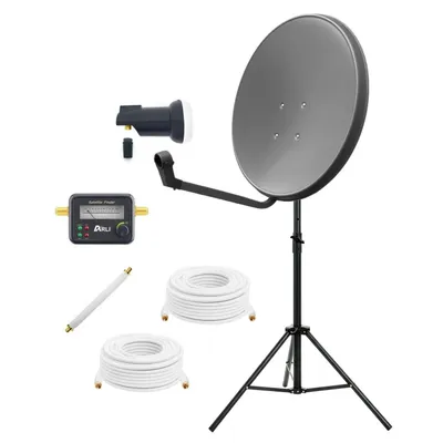 Produktbild von ARLI 60 cm SAT Anlage grau mit Single LNB Stativ Satfinder 3m 7m Kabel Fensterdurchführung Satellitenschüssel Camping Balkon Terrasse Garten Wohnwagen