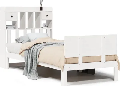 Productafbeelding van Massief houten bed met plank, zonder matras, wit, 90x190 cm, van grenenhout