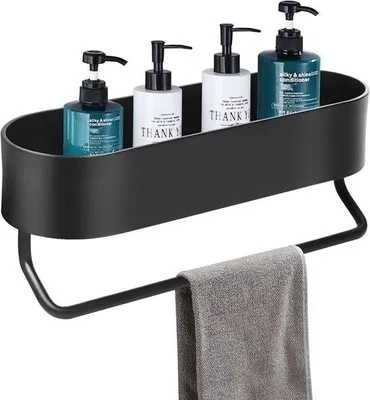 Image de Étagère de douche Unyqoos® avec porte-serviettes – adhésive ou à percer, capacité de charge jusqu'à 15 kg, aluminium spatial anodisé, étagère murale pour salle de bain et cuisine, noire