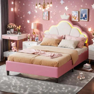 Image de Lit Fille 90x200 avec Tête de lit rembourrée réglable en Forme de Nuage et décoration de Couronne, Lit 1 Place Enfant avec Éclairage LED, Velours