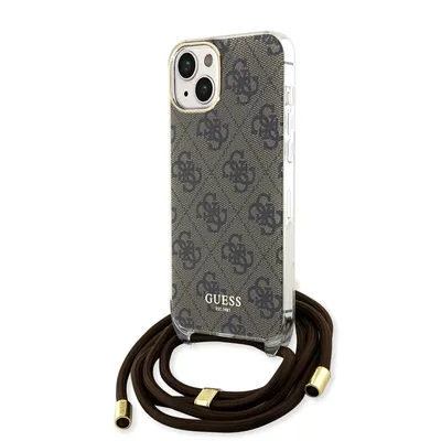 A brown crossbody phone case with a Guess logo pattern is shown against a white background.