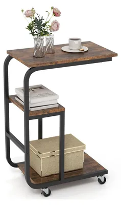 Produktbild von KOMFOTTEU C-förmiger Laptoptisch, 3-stufiger Beistelltisch mit Ablageflächen, stabilem Metallrahmen & feststellbaren Rollen, Sofatisch für kleine Räume wie Wohnzimmer und Schlafzimmer