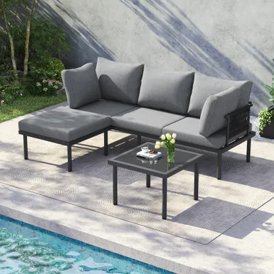 Immagine prodotto di Flieks set di mobili da giardino 3 pezzi con sgabello, tavolo da giardino con piano in vetro, set di divani in corda, mobili da patio mobili da balcone set 4 persone, grigio