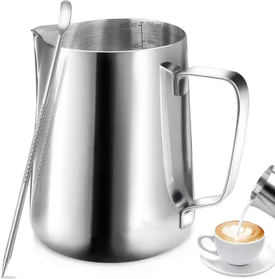 Produktbild von Milchkanne Edelstahl 350ml (12fl.oz) Milch Aufschäumen Krug, Milch Pitcher mit Barista Stift/Latte Art Pen, Kännchen
