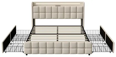 Image de Lit rembourré avec éclairage LED - Sommier 160 x 200 cm avec 4 tiroirs - Station de recharge USB dans la tête de lit - Revêtement en lin - Beige