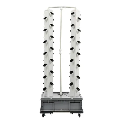 A vertical hydroponic garden system with two towers and a base reservoir.