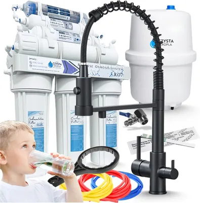 Produktbild von Wasserfilter Set RO7 mit 3-Wege Küchenarmatur Ari Solid Spring Schwarz Matt, 7-stufige Osmoseanlage, Mineralisierung