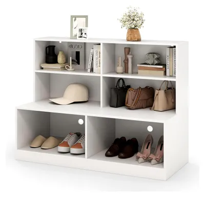 Produktbild von Schuhschrank, 2-in-1-Kombination aus Regal und Schuhbank, moderner Schuh-Organizer mit 6 Fächern für Wohnzimmer, Flur, Eingangsbereich, weiß 120 x 50 x 90 cm