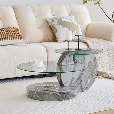 Produktbild von Moderner Couchtisch aus Sicherheitsglas, zweistöckig, rund, Marmor-Optik, grau
