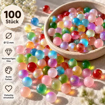 Produktbild von 100 Stück Glasmurmeln Ø 12 mm Bunt – Candy Mix Glaskugeln mit Glitzer-Effekt – Murmel Set für Murmelbahn, Deko, Basteln & Vase, KI-generiertes Bild